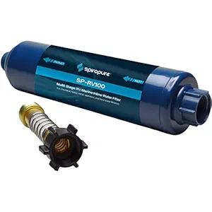 SpiroPure Multi-Stage RV Marine Inline Water Filter with Flexible Hose Protector - Sediment Carbon Hard Water Chlorine Chloramine Lead Mercury Heavy Metals PFOA PFAS