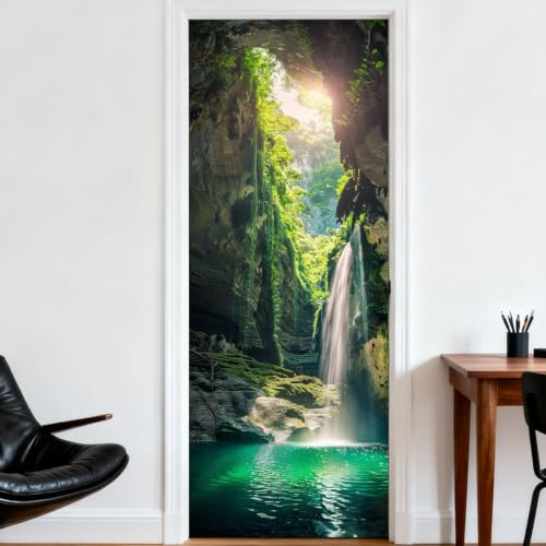 Image of Nuxovilar Oasis Cave Door Stickers Peel Stick PVC 30.3x78.7 Inches | Door Stickers Wall Decals Peel Stick Cover Vinyl Art Poster Bathroom Cabin Cottage (Waterfall Oasis)