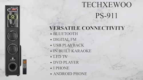 Image of TECHXEWOO PS-911 Mini Home Theatre Subwoofer System, 80W, 5.25 Inch with 3 Inch Dual Satellites, Extreme Bass, Mic Slot, Aux, USB, FM and Remote Control