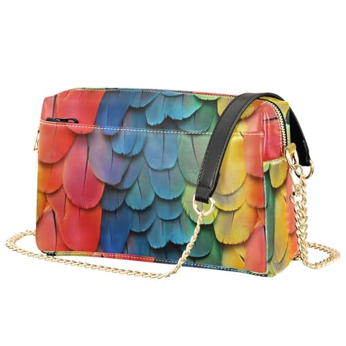 Women Crossbody Bag Shoulder Handbag Cellphone Purse PU Leather Metal Chain Strap Water Resistant Zipper Closure Rainbow Feathers Print2