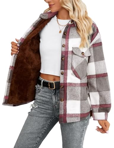 FindThy Women's Warm Sherpa Lined Fleece Plaid Flannel Shirt Jacket Button Down Fuzzy Shacket