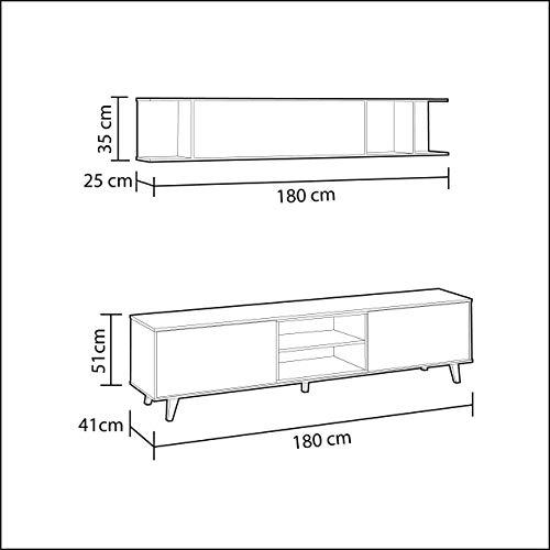 Habitdesign Mueble de salón, Comedor, Módulo TV + Estante, Color Blanco Brillo y Roble Canadian, Medidas: 180 cm (Ancho) x 51 (Alto) x 41 cm (Fondo), Modelo Zaiken Plus