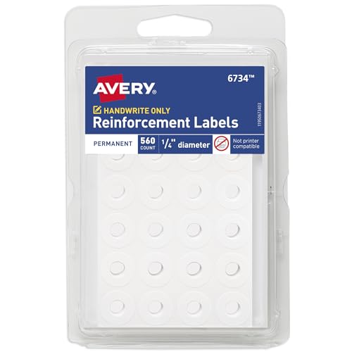 Avery Reinforcement Labels 1/4 Diameter Permanent Adhesive White Non-Printable 560 Page Reinforcement Stickers (6734)