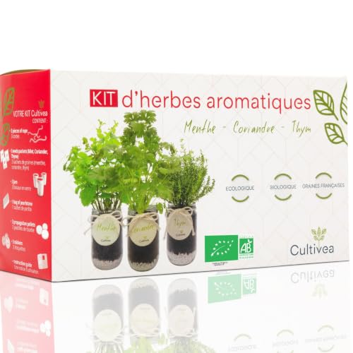 CULTIVEA® Kit Herbes Aromatiques Intérieur Bio – Menthe, Coriandre et Thym à Faire Pousser –...