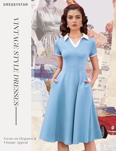 Dressystar Women V Neck 1950s Vintage Short Sleeves Dress Retro A Line Swing Rockabilly Cocktail Party Dresses with Pockets Blue L2