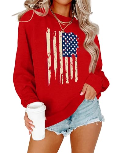 Image of Dressmine Womens USA Shirt Casual Long Sleeve Graphic Tees Knit Crew Neck Sweatshirts Loose Pullover