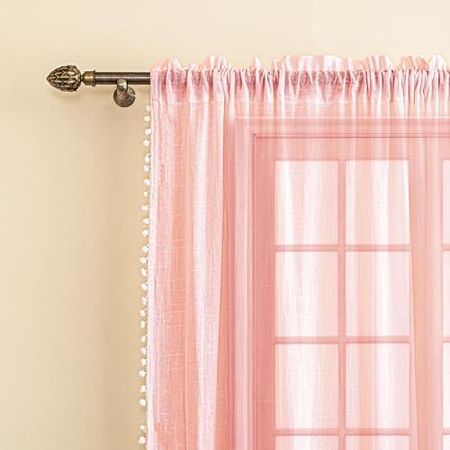 Image of HOMEMONDE Sheer Curtains with Decorative Side Border Pompom Curtain for Customize, Linen Textured Light Filtering, Rod Pocket, 1 Piece - Pink