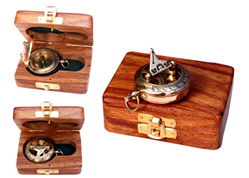 Brújula náutica de latón con estuche de madera miniatura 1