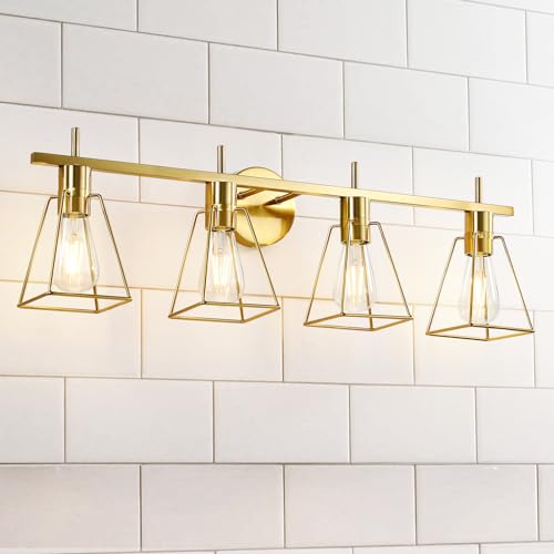 Image of Industrial Bathroom Vanity Lights: 4-Lights Gold Brushed Brass Vintage Metal Cage Wall Lamps - Rustic Farmhouse Light Fixture Over Mirrors Cabinet for Painting Hallway