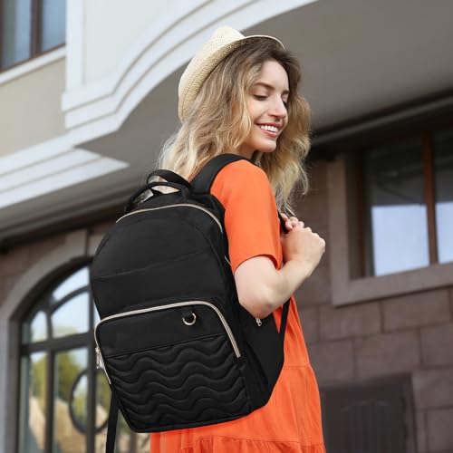 Travel Laptop Backpack for women, Work Backpack Woman with USB Charging Port, Water Resistant College Backpack, Stylish Quilted Girls Back Pack Casual Daypack for 15.6 Inch Laptop, Black2