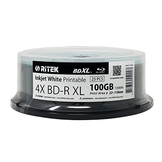 25 Pack Ritek BD-R XL BDXL 100GB Archival Grade Triple Layers 4X White Inkjet Hub Printable Blank Recordable Disc in Spindle