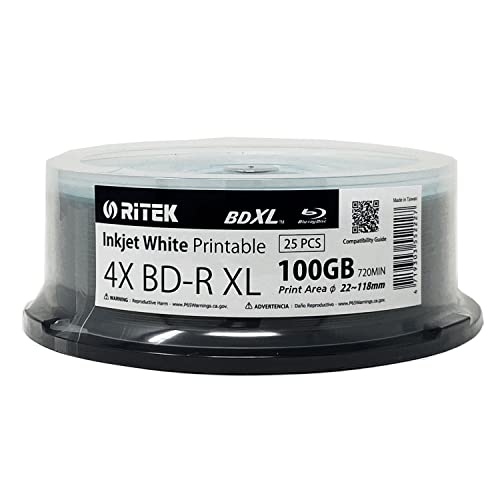 25 Pack Ritek BD-R XL BDXL 100GB Archival Grade Triple Layers 4X White Inkjet Hub Printable Blank Recordable Disc in Spindle by Ritek - Used condition - US$118.74