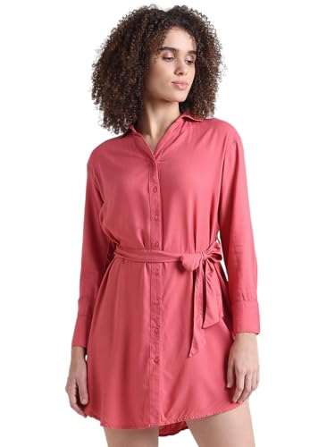 Image of ONLY Women's Cuffed Sleeves Belted Shirt Mini Dress