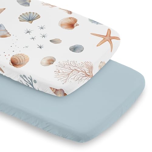 Image of Sweet Jojo Designs 2-Piece Baby Bassinet Sheets Set (Ocean Seashells) for Girls or Boys, Infant Newborn Nursery, Oval, Rectangle & Hourglass Mattress (Gender Neutral, Nautical, Beach Theme, Starfish)