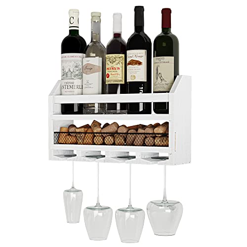 Wallniture Blanc Wine Rack Wall Mounted, Wall Wine Bottle Holder With Wine Glass Rack, Wall Mount Wine Holder With Wine Cork Holder, Rustic Wall Wine Rack For Wine Bottles, Burnt White, Wood #TOP22