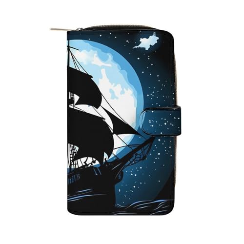 Portefeuille silhouette bateau pirate en cuir avec porte-carte d'identité et pochette zippée