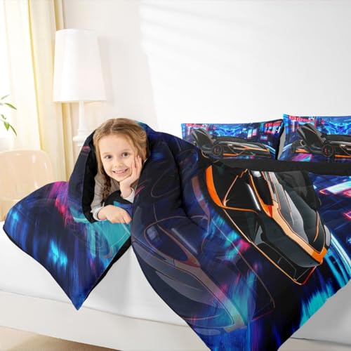 Image of Feelyou Race Car Comforter Black Speed Sports Car Bedding Set for Kids Boys Girls Racing Car Comforter Set Toddler Size Extreme Sports Duvet Set 1 Comforter Set Toddler Size with 1 Pillowcase