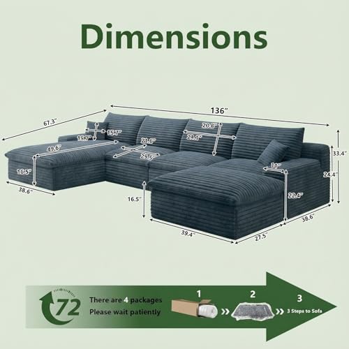 Image of 136 inch Cloud Couch Modular Sectional Sofa for Living Room, U-Shape Boneless Couch with Deep Seat, Modern Corduroy 4-Seater with Ottoman, No Assembly Required (Blue,Left-Facing Chaise)