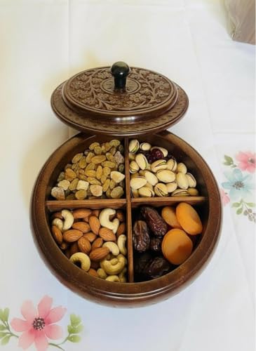 Image of Handcrafted Sheesham Wood Dry Fruit Box with Lid & 4 Compartments | Premium Carved Round Storage Container for Dry Fruits, Spices, Snacks & Gifting | Traditional Wooden Decorative Box (7 Inch)