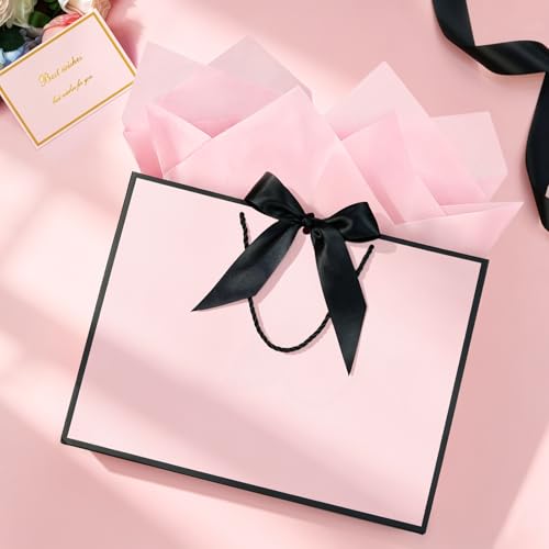 Image of JMANNI Pink Gift Bags with Handles, 14.6 inch Large Gift Bags with Tissue Paper | 2 Pcs Pink Black Bags, 4 Tissue Paper and 2 Cards, for Baby Shower, Wedding Bridal Shower, Birthday Party