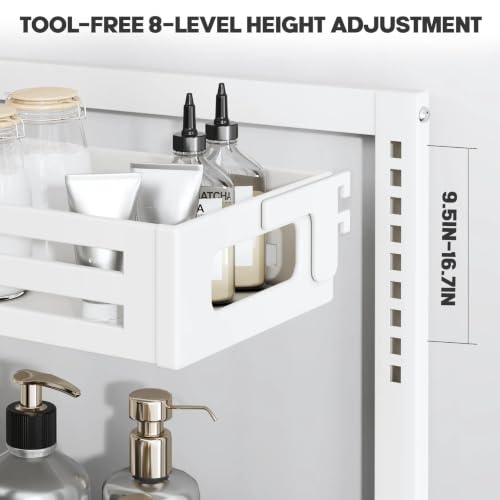 Image of 2 Pack 19IN-Depth Under Sink Organizer,Pull Out Cabinet Organizer With Smooth Cylindrical Rail,Metal Slide Out Drawer for Kitchen Bathroom Laundry,8-Level Tool Free Height Adjustable-White
