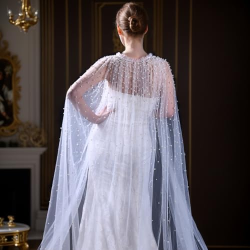 Wedding Women's Pearl Embroidered Shrug Shawl Wrap Bolero Tulle Wedding Jacket for Bride3