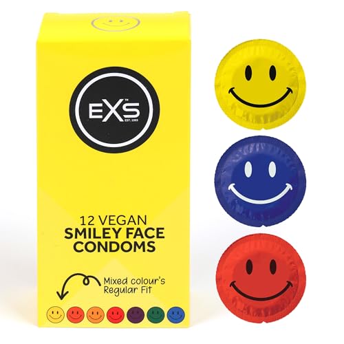 EXS Preservativos de cara sonriente, maximiza tu seguridad y placer, veganos, paquete de 12