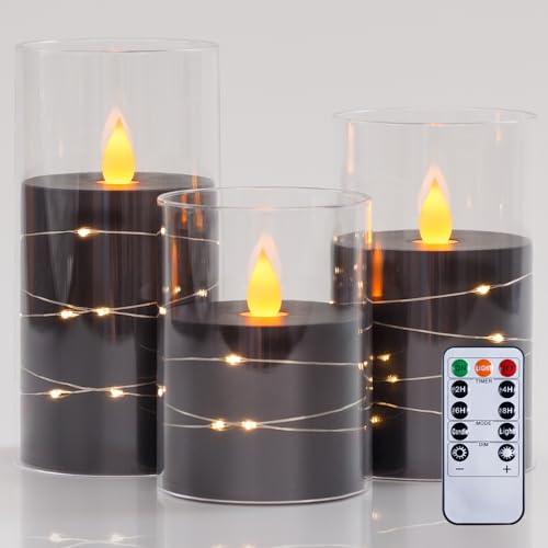 Image of Flameless Flickering 3 inch x4 inch 5 inch 6 inch Clear Plastic Black 11-Key Remote Candles with Light Strings, LED Battery Operated Cycle Timer Pack of 3 Candles for Halloween Festival Decor
