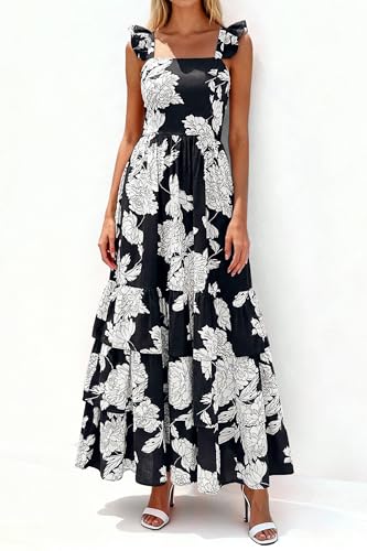 dowerme Women Summer Ruffle Straps Smocked A-Line Boho Floral Maxi Dress - image 4