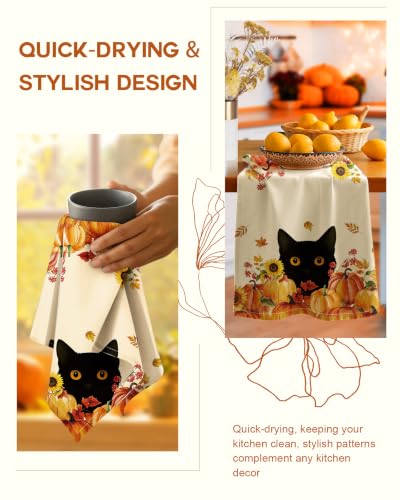 Image of Miss Adola 150GSM Flour Sack Kitchen Towels Set of 2, Cat in Pumpkins