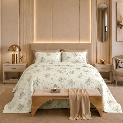 Image of Jaipur Weaves Cotton Percale King Size Bedsheet 108x108 Super King, 100% Pure Cotton Bed Sheet with 2 Pillow Covers, 300 TC Soft Breathable Floral Design Bedding (Floral Brown, Super King)