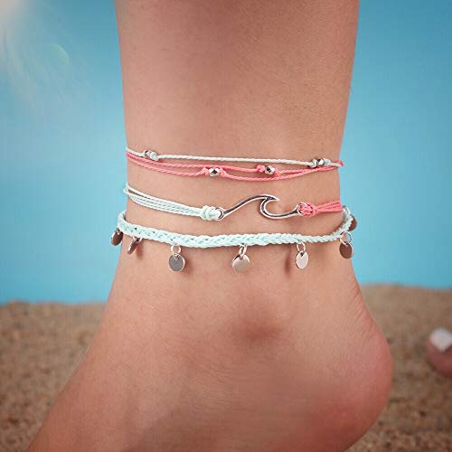 Image of Waterproof String Anklets Cute Beaded Ankle Bracelets Beach Wave Anklet Stainless Steel Coin Boho Ankle Jewelry for Women