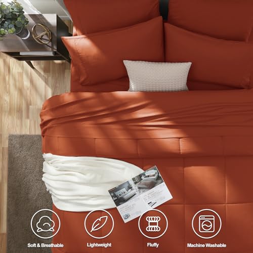 CozyLux Full Size Comforter Sets Terracotta, 7 Pieces Bed in a Bag, Burnt Orange Fall Comforter Full Size, All Season Bedding Sets with Stitch Quilted Comforter, Flat Sheet, Fitted Sheet, Pillowcases
