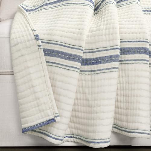Image of Lush Decor Farmhouse Stripe Kantha Pick Stich Yarn Dyed Cotton Woven Throw Reversible Ticking Pinstripe Design Blanket, 50 inch x 60 inch, Navy