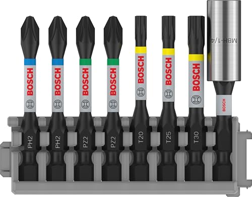 Bosch Professional 8 piezas, Juego de puntas de destornillador (control de impacto, puntas T/PZ/PH   Pick and Click), Cranberry, 25 mm