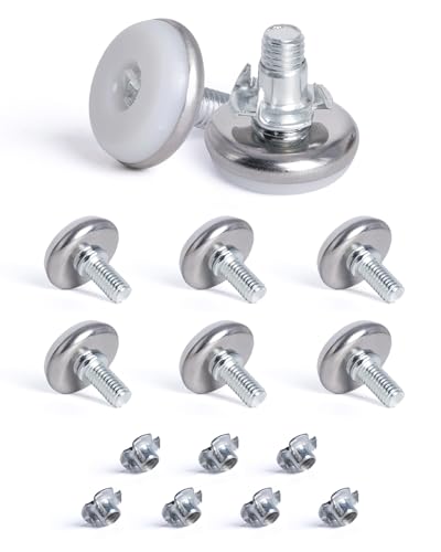 SPDYCESS 8 pcs M8 X 28MM Adjustable Levelling Feet, Screw-in Round Base Furniture Feet, Non-tilt Threaded Fixed Foot, Table Leg Extender Leveler, with 8 pcs 4-Pronged T Nuts, for Cabinet Desk Bed Legs