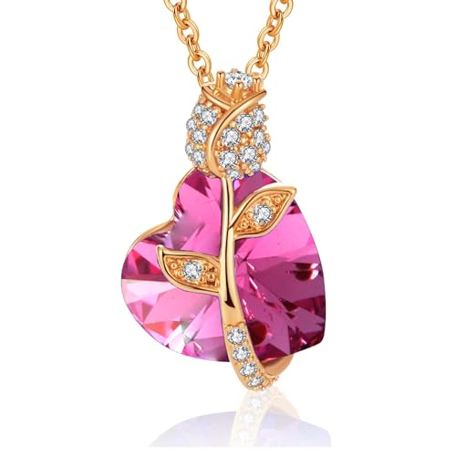 Austrian Crystal Heart Rose Flower Pendant Necklaces for Women Fashion 14K Gold Plated Dainty Necklace Hypoallergenic Jewelry (Rose Pink)