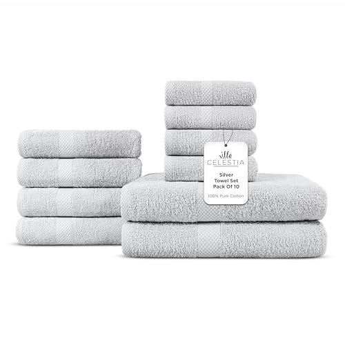 Image of 10-Piece 100% Cotton Towel Set, 2 Bath Towels, 4 Hand Towels, 4 Wash Cloth, Quick-Dry, Silver