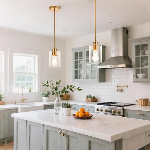 Image of MAYNA 2-Pack Brushed Brass Pendant Lights, Elegant Glass Hanging Lighting with Bulbs, Adjustable Rods Modern Fixtures for Kitchen Island, Breakfast Bar