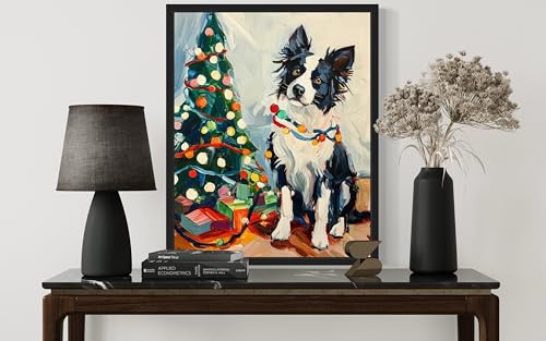 Image of Border Collie Christmas Black Framed Wall Art Print Poster, Dog Pet Lover Picture Painting Artwork Bedroom Living Room Office Dining Room 150D (Border Collie Christmas, 10 inch L x 8 inch W, Black Frame)