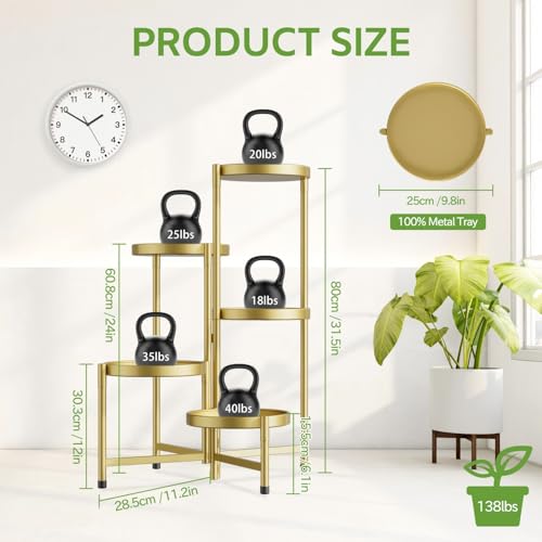 Image of iDavosic.ly 5 Tier Large Plant Stand Indoor, 10 Inch Wide Tall Corner Metal Plant Stands Outdoor for Multiple Plants, Folding Tiered Flower Display Holder Rack Shelf, Gold