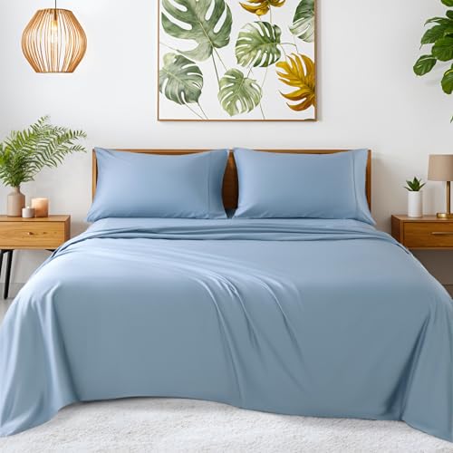 Image of SONORO KATE 100% Egyptian Cotton Sheets,1200 Series,Cal King Size | Soft Breathable & Cooling LuxuryHotel Cotton,Sateen Weave for Soft Feel,Fits Upto 16 inch Mattress,4PC,French Blue