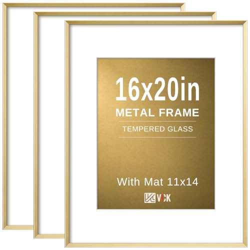 Image of VCK 16x20 Aluminum Picture Frames Gold for Wall, 3 Pack Metal Poster Frame with Real Tempered Glass High Definition, For Photo 11x14 with Mat 16x20 without Mat
