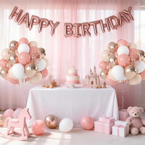 Image of Retro Blush Pink Balloons, Light Pink White Beige Gold Confetti, Party