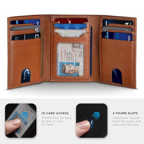 Image of SERMAN BRANDS Trifold Wallet for Men - RFID Blocking Full Grain Leather, 11 Card Slots & ID Window, Slim Everyday Carry, Durable Stitching, Gift for Him
