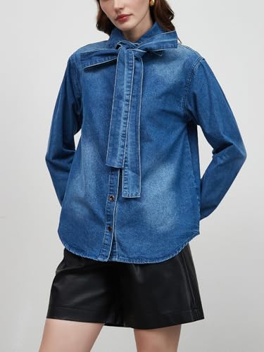 Women's Bow Tie Denim Shacket Jacket Button Down Long Sleeve Jean Shirt Tops4
