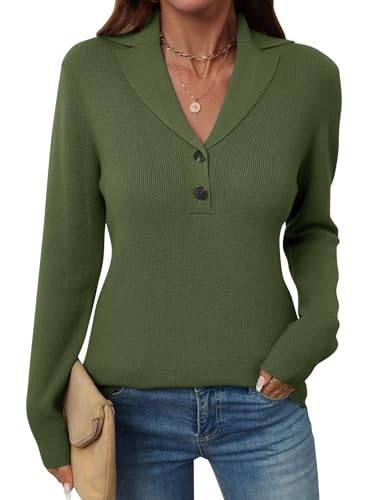 Image of LOMON Sweaters for Women 2025 Fall Knitted V-Neck Collared Button Pullover Dressy Casual Long Sleeve Polo Shirts Business