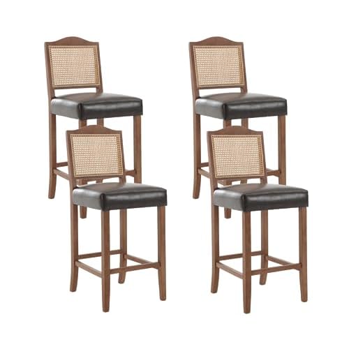 CIMOTA Counter Height Bar Stools Set of 2 Rattan Farmhouse Barstools Mid Century Modern Bar Chairs Upholstered Kitchen Stools with Wood Legs for Island/Dining Room, Linen Beige 26.5In