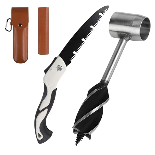 EFUTURETIME Taladro Manual Bushcraft, φ25x230mm, Taladro de Madera de Acero con Bolsa de Cuero Marrón y Sierra Plegable de 180 mm, Bushcraft Set para Trabajos en Madera, Supervivencia al Aire Libre