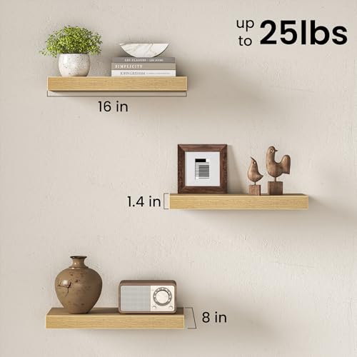 Image of Fun Memories 16Inch Floating Shelves for Wall, 8 Inch Deep Shelves for Bathroom|Bedroom|Kitchen Wall Mounted, Wood Hanging Shelf with Invisible Brackets for Home Storage Decor, Oak - 3 Pack